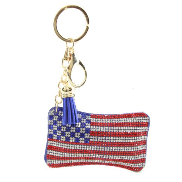 RHINESTONE AMERICAN FLAG KEYCHAIN WITH TASSEL