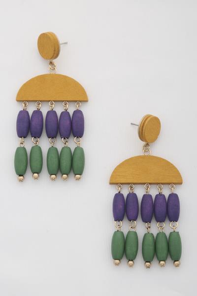 Mardi Gras Half Circle Wood Bead Dangle Earring