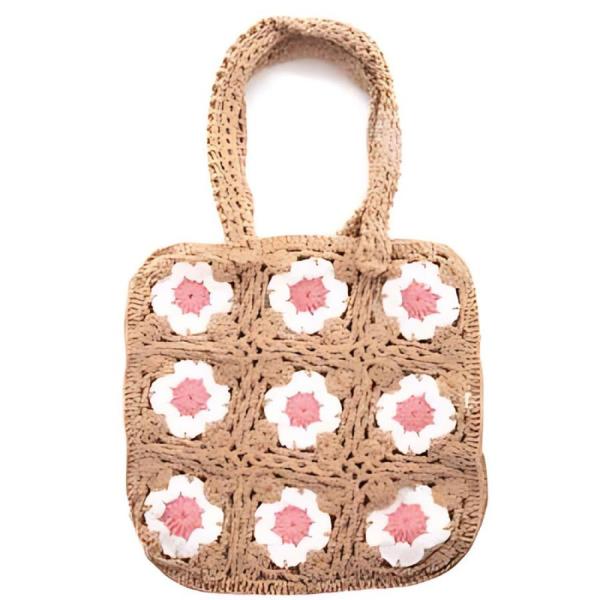 Crochet Flower Pattern Knit Tote Handbag