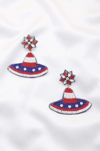 American Flag Color Hat Seed Bead Dangle Earring