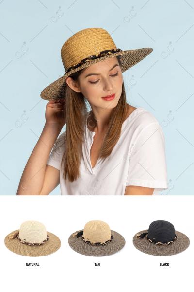 CC TWO TONE WIDE BRIM STRAW SUN HAT WITH FANCY BRAIDS TRIM IN CHIFFON AND WOODEN TRIM BAND