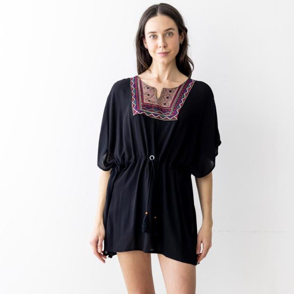 Embroidered Cotton Poncho W Drawstring