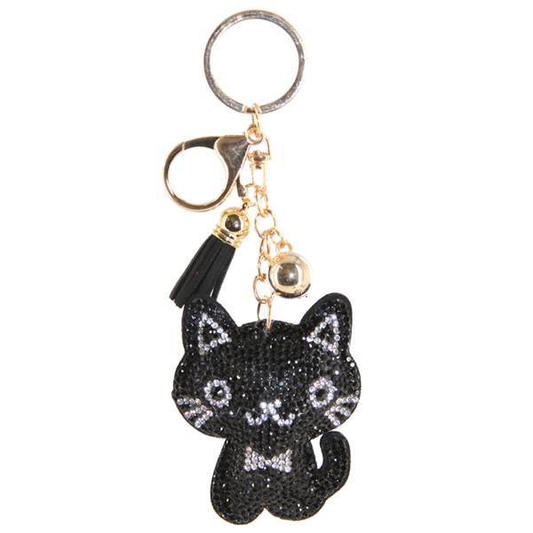 RHINESTONE CAT KEYCHAIN WITH TASSEL