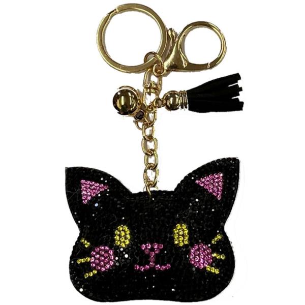 RHINESTONE CAT KEYCHAIN WITH TASSEL