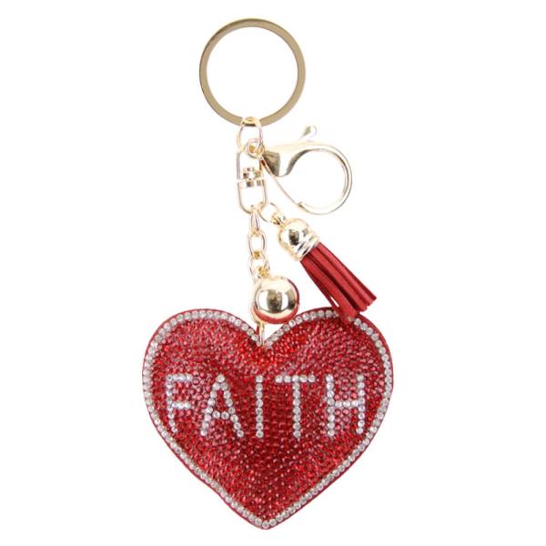 RHINESTONE FAITH HEART KEYCHAIN WITH TASSEL