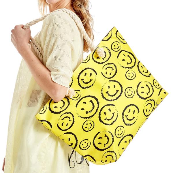 Happy Face Print Beach Tote Bag