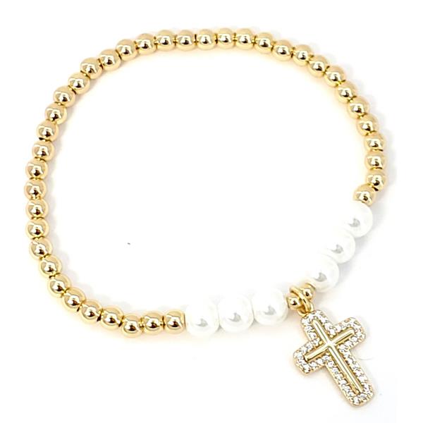Pearl Metal Ball Bead Cross Charm Bracelet