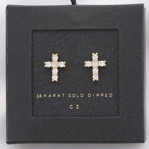 Cubic Zirconia Cross 14K Gold Dipped Stud Earring
