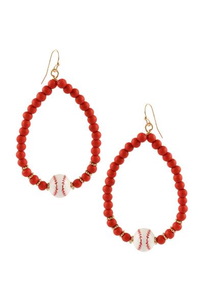 Wood Baseball Teardrop Dangle Earring