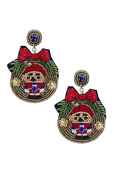 CHRISTMAS SEED BEAD WREATH DANGLE EARRING