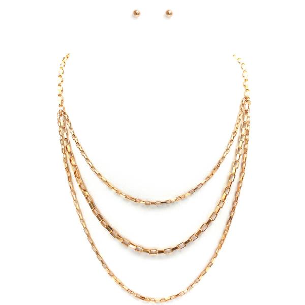 3 Layered Metal Chain Necklace Earring Set