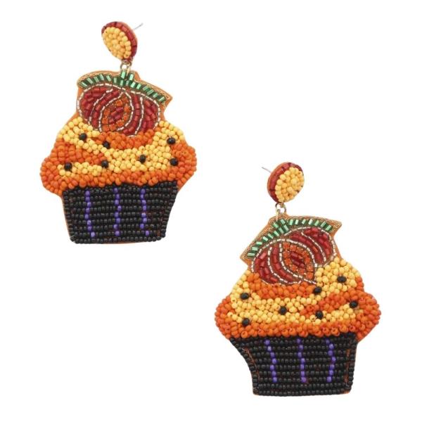 HALLOWEEN PUMPKIN CUPCAKE SEED BEAD DANGLE EARRING