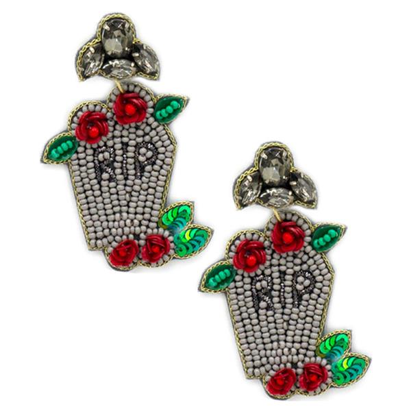 HALLOWEEN  SEED BEAD HALLOWEEN RIP DANGLE EARRING