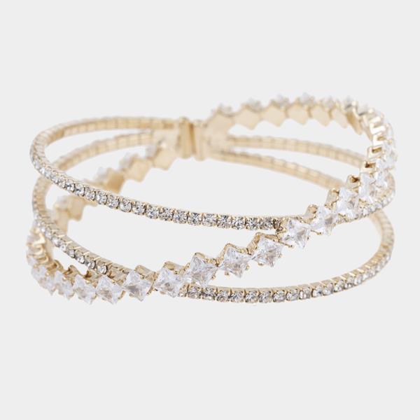 Rhinestone 3LINE Cuff with Square Crystal Bracelet