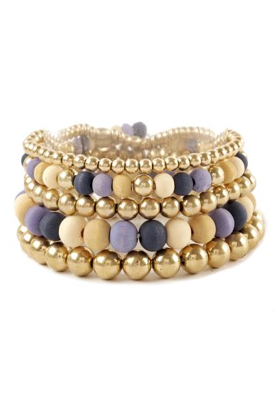 Wood Metal Ball Bead Stretch Bracelet Set