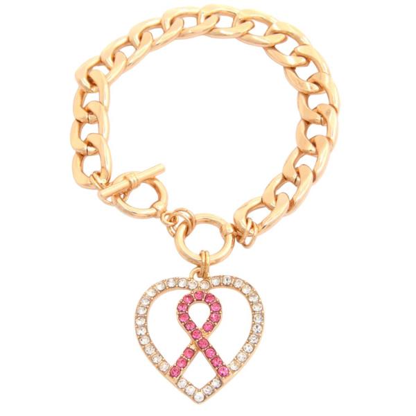 HEART PINK RIBBON CHARM CURB LINK BRACELET