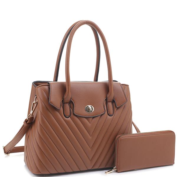 2IN1 V STITCHING SMOOTH CHIC SATCHEL BAG WITH WALLET SET