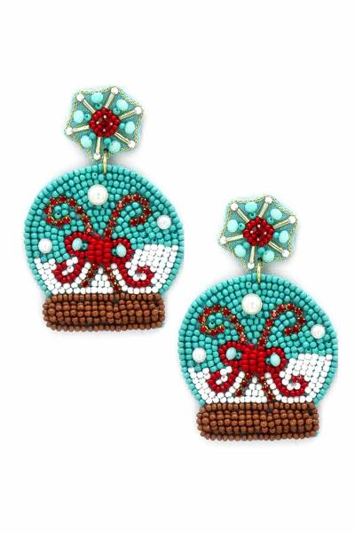 CHRISTMAS SEED BEAD SNOW BALL GLOBE DANGLE EARRING