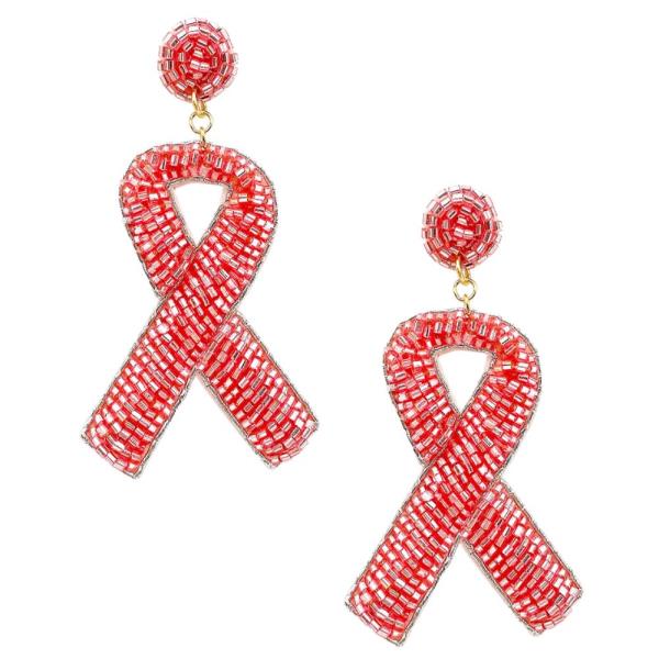 SEED BEAD BREAST CANCER PINK RIBBON DANGLE EARRING