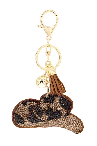 RHINESTONE ANIMAL PRINT COWBOY HAT WITH TASSEL CHARM PUFFY KEY CHAIN