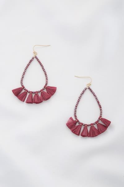 Raffia Tassel Seed Bead Teardrop Dangle Earring