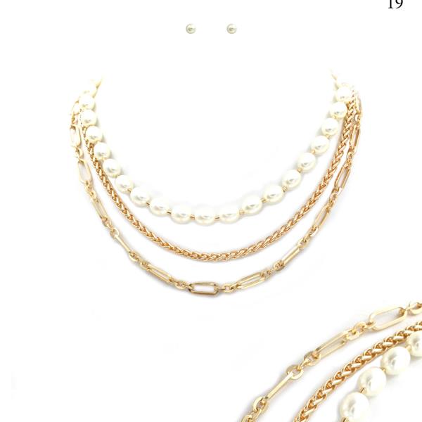 3 Layered Metal Pearl Chain Necklace Earring Set