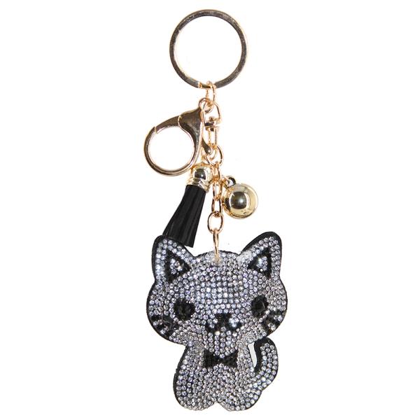 RHINESTONE CAT KEYCHAIN WITH TASSEL