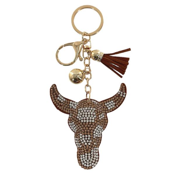 RHINESTONE COW SKULL KEYCHAIN WITH TASSEL