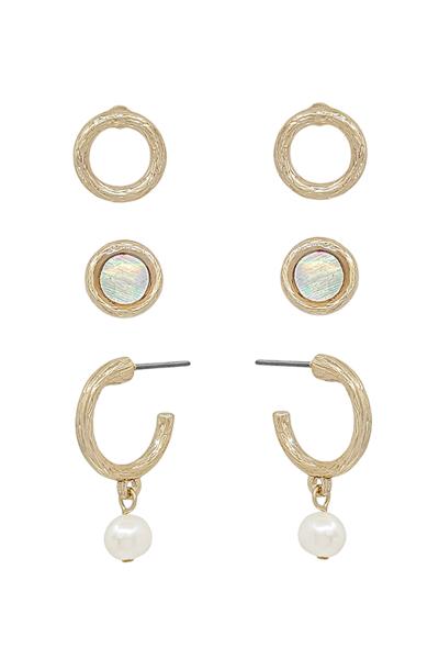 MOP W Pearl Hoop Metal Post Earring 3 Set