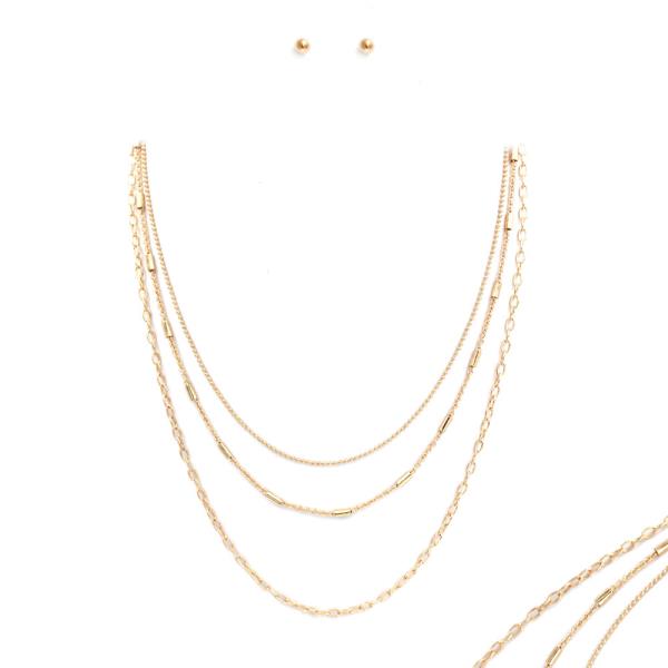 Metal 3 Layered Chain Necklace Earring Set