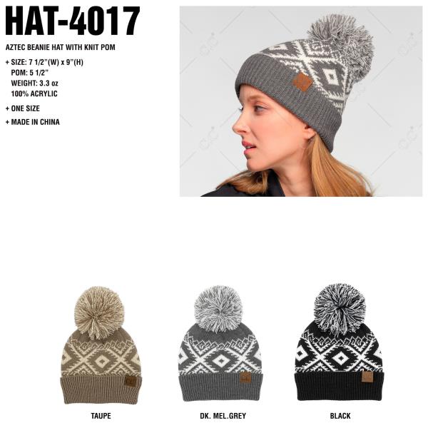 CC AZTEC BEANIE HAT WITH KNIT POM
