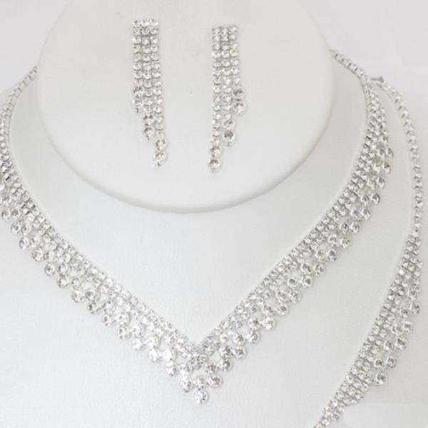 V Shape Rhinestone Bracelet Necklace Set