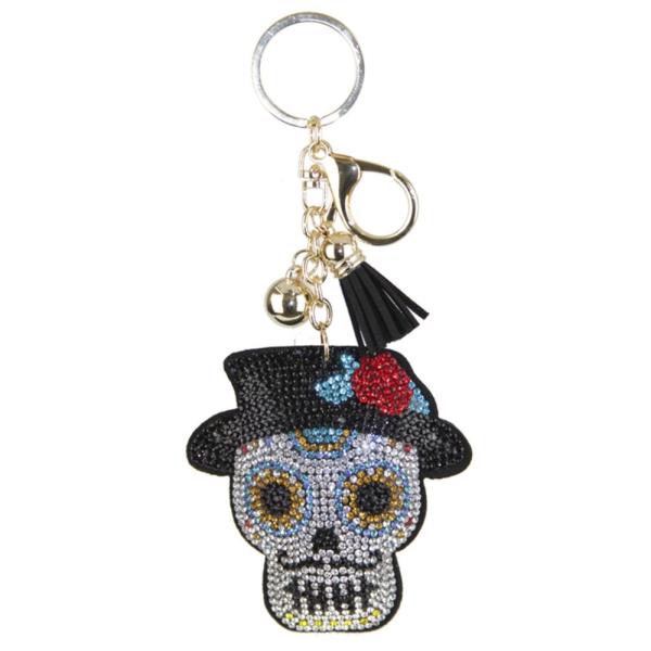 HALLOWEEN RHINESTONE SKULL WITH HAT KEYCHAIN