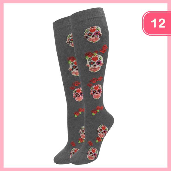 Flower Skull Knee High Socks (12 Units)