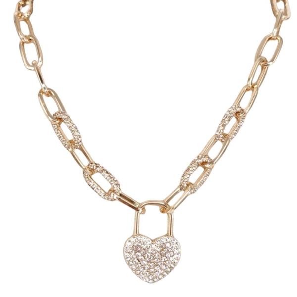 HEART LOCK RHINESTONE PAPER CLIP LINK NECKLACE