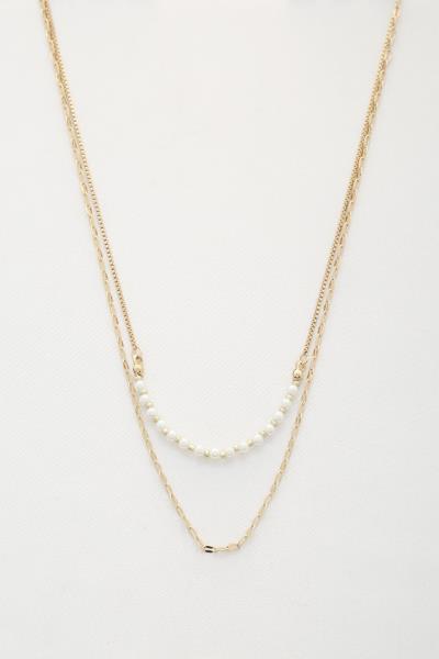 Pearl Bead Paperclip Link Layered Necklace