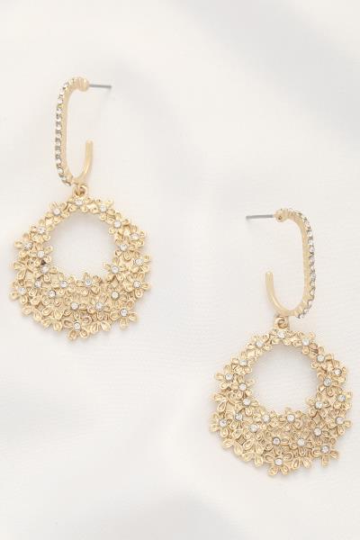 Flower Pattern Oval Crystal Edge Dangle Earring
