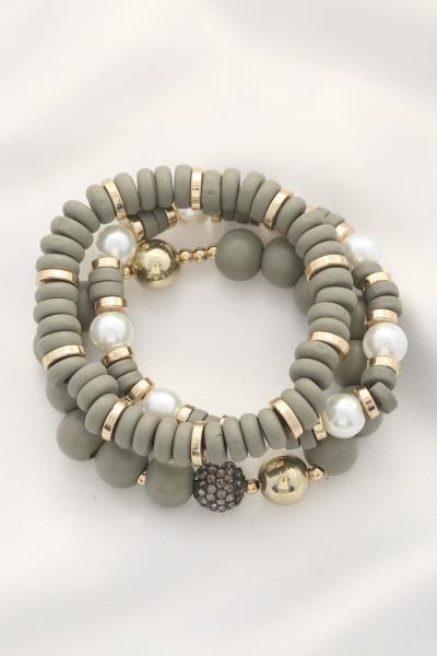 Pearl Bead Wood Disc Bracelet Set
