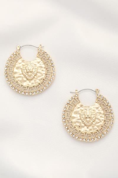 Lion Head Greek Pattern Rhinestone Edge Earring