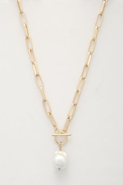 PEARL BEAD TOGGLE CLASP PAPER CLIP LINK NECKLACE