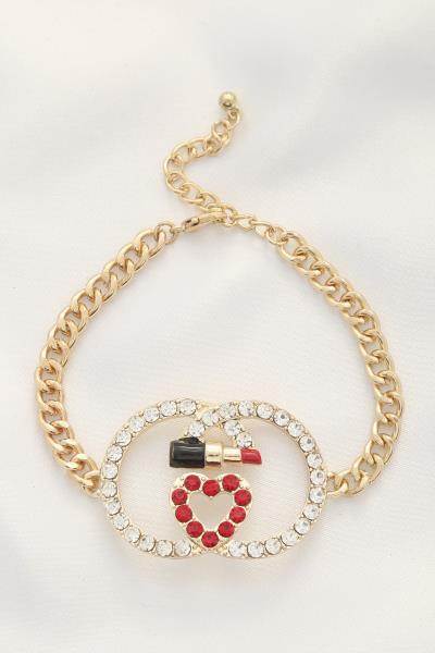 Lipstick Heart Oval Link Rhinestone Bracelet