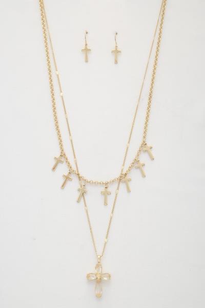 CRYSTAL CROSS LAYERED NECKLACE