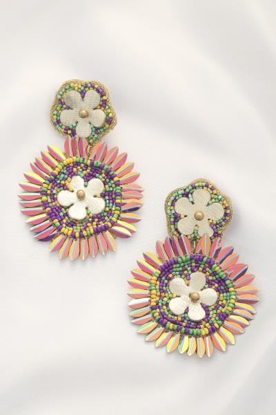 Mardi Gras Seed Bead Flower Post Dangle Earring