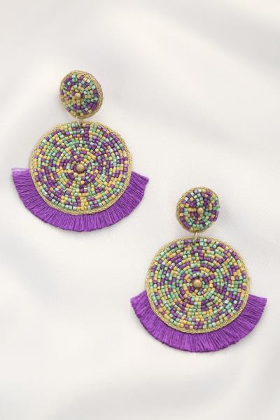 Mardi Gras Seed Bead Tassel Post Dangle Earring