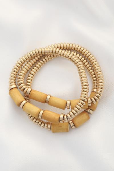 Wood Cylinder Bead Metal Disc Beaded Bracelet