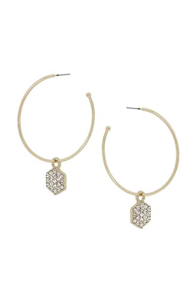 Hexagon Pave Charm C Hoop Earrings