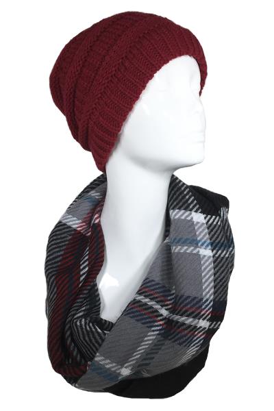 FASHION PLAID INFINITY SCARF WITH BEANIES SET