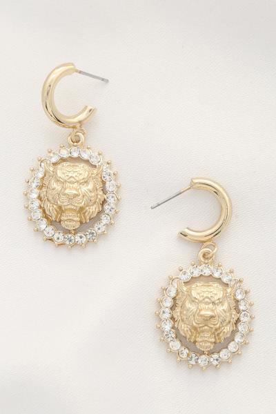 Lion Head Crystal Open Hoop Earring