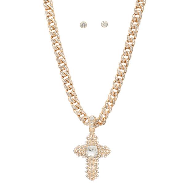 RHINESTONE CROSS CURB LINK NECKLACE
