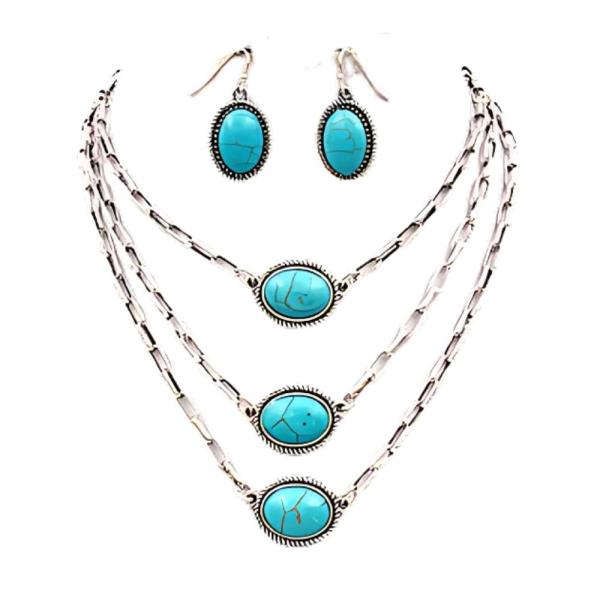 TURQUOISE OVAL BEAD LAYERED NECKLACE